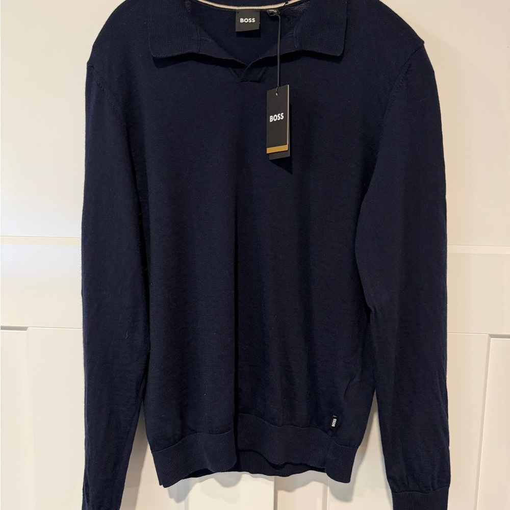 Boss Enord Long Sleeve Wool Polo Sweater in Dark Blue - Picture 5 of 8